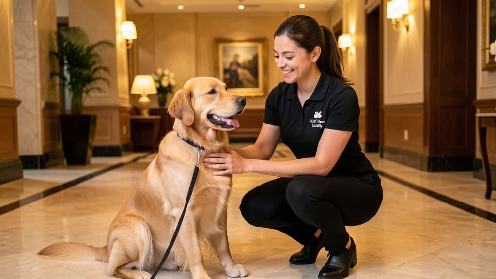 A dog on a leash beside a person in a hotel lobby