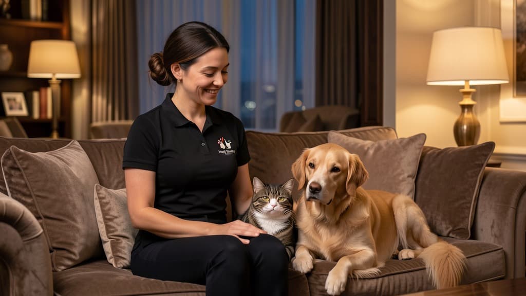 A cat and dog resting indoors beside a seated person